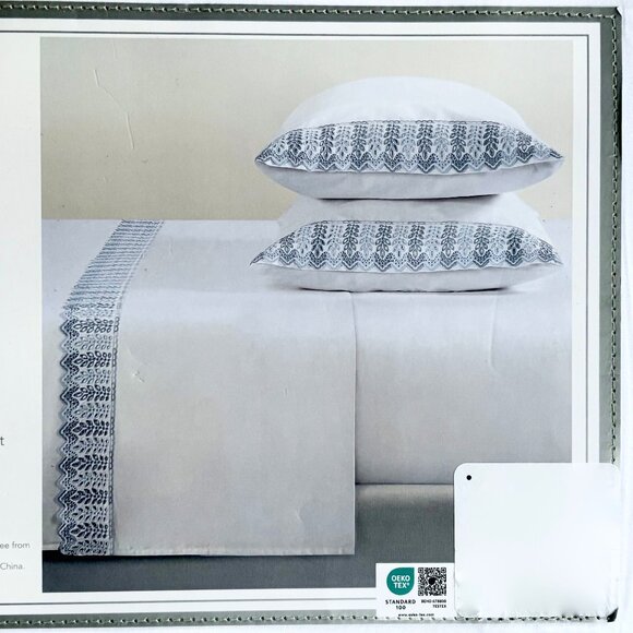 Rachel Ashwell Blue Embroidered Eyelet Hem KING Size Cotton Sheet Set WHITE - Picture 1 of 5
